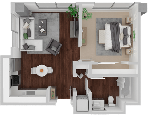 Floor plan for 1 bed, 1 bath, 557 sqft